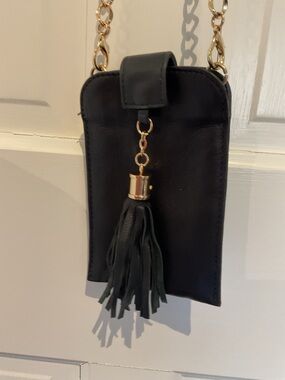 Black Leather Tassel Crossbody Phone Bag with Gold Chain